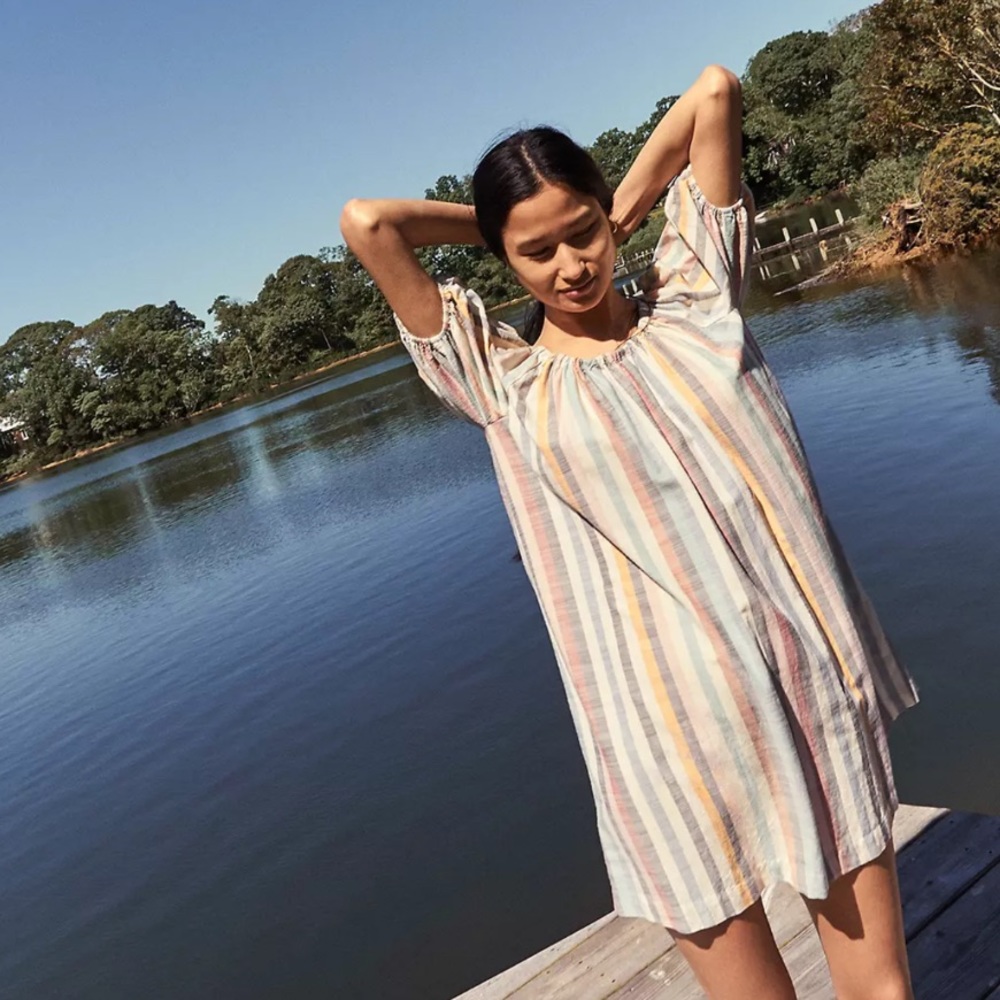 Madewell Puff Sleeve Trapeze Minidress In Bold Rainbow Stripe Coal